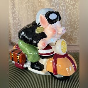 Vintage Clay Art Ceramic "Road Hog" Pig on a Motorcycle Cookie / Treats Jar